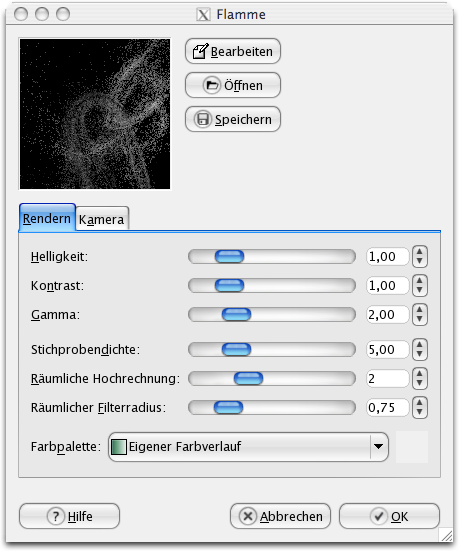 Eigenschaften (Rendern) für das Filter Flamme